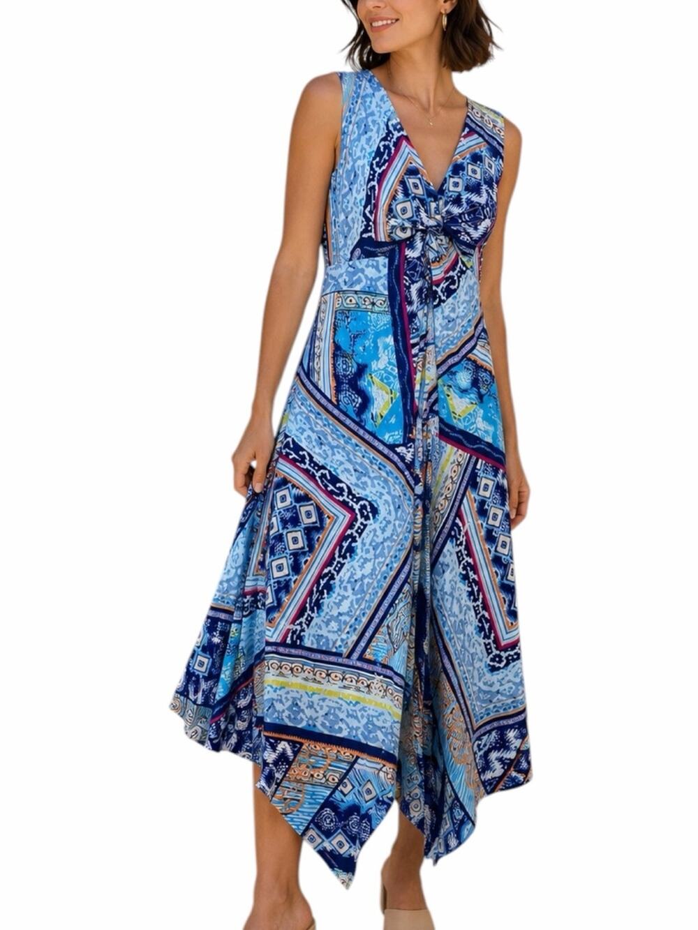Chicos Handkerchief Hem Maxi Dress Size 2 Blue Patchwork Twist Front Women’s M/L